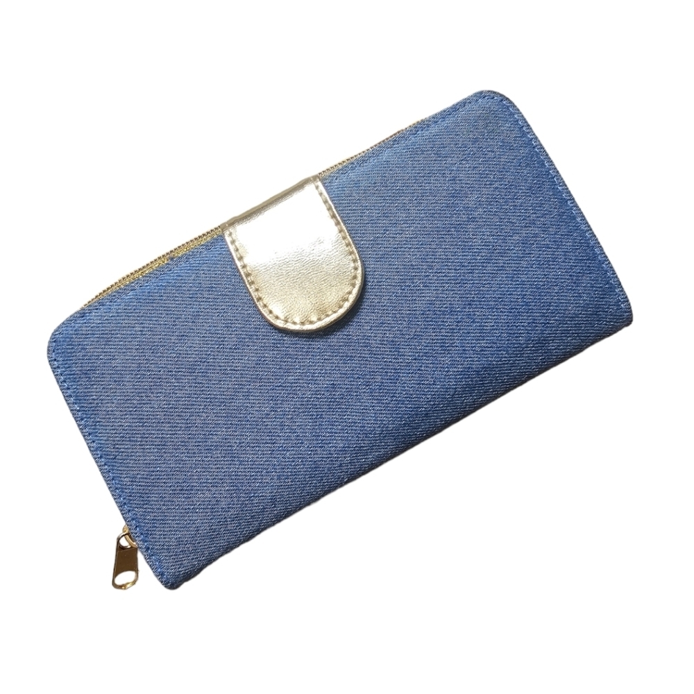 Denim Zip-Around Checkbook Wallet with Gold Tab